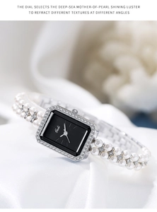Detailed macro view of a square Gedi watch with a pearl bead strap and zircon bezel