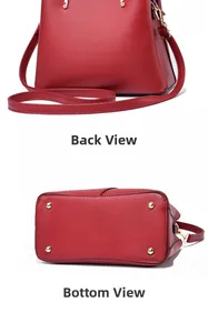 Detailed back and bottom views of red litchi leather handbag with gold hardware