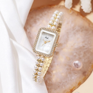 Gedi luxury rectangular quartz watch for women with pearl strap and crystal bezel