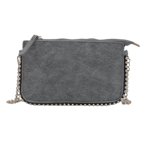 Grey envelope crossbody bag with silver chain strap and metal rivet details