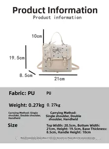 Detailed sizing chart and specifications for the PU leather bow accent square backpack