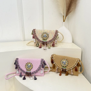 Bohemian Woven Shoulder Bag For Women Mandala Beaded Tassels Crossbody Bag Vacation Summer Ethnic Handbags Small Square Bag