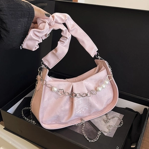 Pink pleated cloud bag for women with decorative silver chain and pearl flower charms