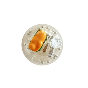 Transparent spherical phone grip with miniature burger and cutlery inside a bead frame