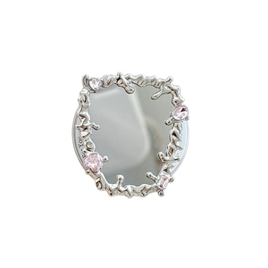 Silver lava style heart phone grip mirror with pink rhinestones and For You engraving