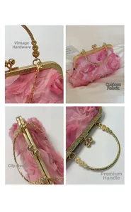 Detail of pink floral pleated evening bag with golden circular handle and metal chain strap