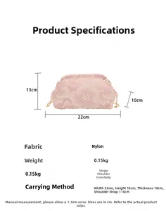 Detail specifications of pink floral embroidery bag with metal chain and nylon fabric