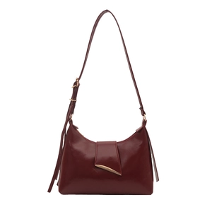 Glossy burgundy underarm bag with gold metal hardware and minimalist crescent shape