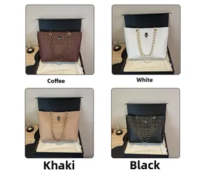 Collage of leather tote bags in four colors featuring skull charms and chain straps