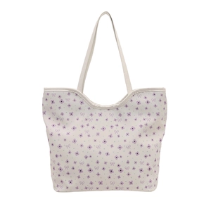 Off-white canvas tote bag with purple floral and bow patterns for women's daily use