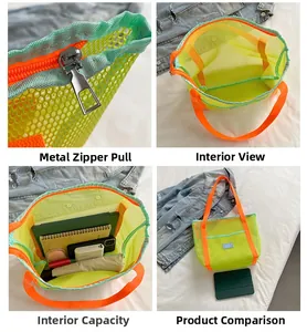 Detail view of neon mesh tote bag featuring metal zipper and internal storage compartments