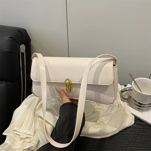 French style creamy leather underarm bag with elegant gold metal buckle closure