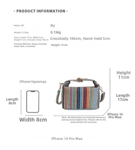 Tableau des tailles détaillé pour sac tissé coloré avec comparaison iPhone 16 Pro Max