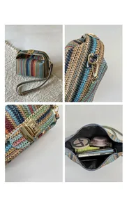 Détails du sac tissé arc-en-ciel montrant le fermoir doré, la bandoulière et la capacité