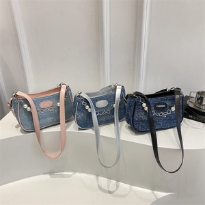 Damen Denim Unterarm Schultertasche Mit Kunstperlen Metall Stern Kette Millennial Ästhetik Retro Baguette Handtasche