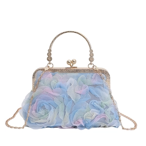 Lace floral evening bag with pastel gradient flowers and gold chain strap for women