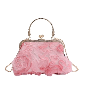 Pink 3D floral rose evening clutch bag with gold metal handle and chain strap