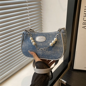 Modische blaue Denim Umhängetasche mit Pailletten und Perlenkette für Damen