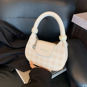 Chic beige plaid crescent handbag with stylish cylindrical handle and chain detail