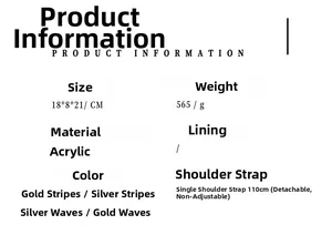 Detailed size and material specifications for acrylic evening bag with chain strap