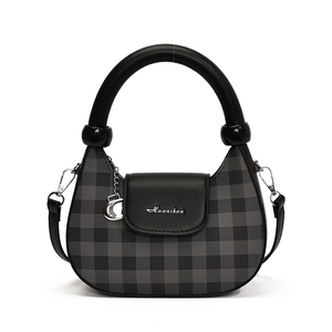 Fashionable semi-circular plaid crossbody bag with silver logo and metal charm