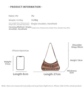 Detailed size comparison of the brown PU saddle bag next to an iPhone 16 Pro Max