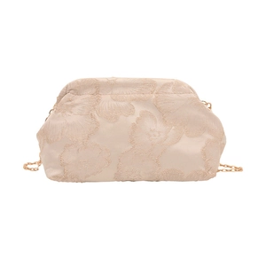 Elegant beige jacquard evening bag with 3D floral texture and gold metal chain strap