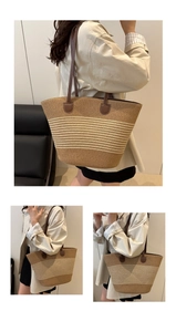 Vues détaillées d'un grand sac cabas rayé en paille avec bandoulières en cuir marron