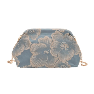 Elegant grey-blue floral jacquard evening bag with golden chain for dinner parties