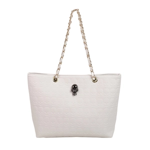 White tote bag with skull embossing and black 3D skull detail with metal chain strap