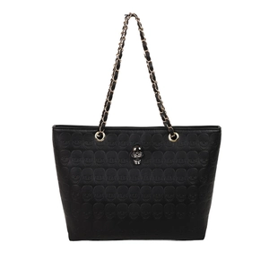 Gothic black tote bag with skull pattern and metal chain strap on white background