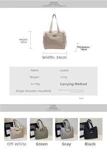 Detailed size chart and specifications for the large capacity canvas tote bag