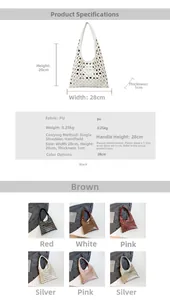 Detailed view of hollowed-out PU leather tote bag showing 28cm width and handle dimensions