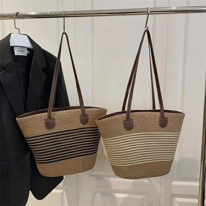 Sac Fourre-Tout Tissé En Paille À Rayures Grande Capacité Plage Été Sac À Épaule Anse Cuir Fermeture Éclair Femmes