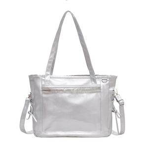 Sac fourre-tout argenté métallisé avec poche transparente et bandoulière réglable