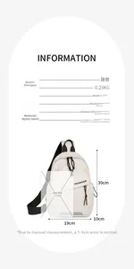 Detailed size diagram of nylon crossbody chest bag showing dimensions and 7.9-inch tablet fit