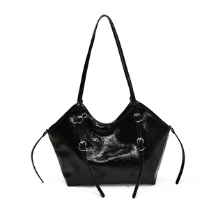 Retro black glossy leather tote bag with stylish pleated texture and metal buckles for women