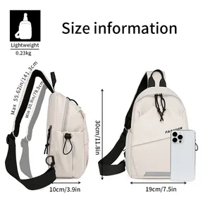 Size guide for white chest bag showing 30x19x10cm dimensions and adjustable strap length
