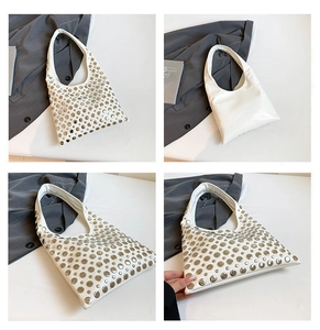 Detailed views of a white bucket bag featuring silver rivets and a triangular silhouette