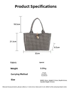 Detailed view of check pattern tote bag with dimensions 32x21.5x8.5cm and wooden button