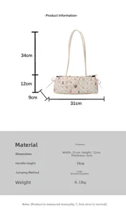 Detailed view of floral tote bag material specifications and dimensions display