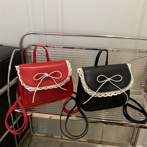 Women Mini Backpack PU Leather Sweet Lace Trim Bowknot Decor Crossbody Shoulder Bag Kawaii Lolita Style Handbag
