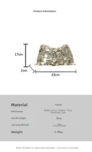 Detail view of gold sequin evening clutch bag with chain strap and size measurements