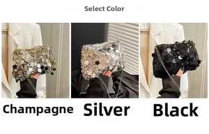 Close-up of sparkling sequin handbag available in champagne, silver, and black colors