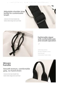 Detail view of adjustable strap buckles and dual zipper pulls on the off-white chest bag