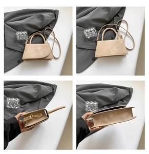 Detailed views of a beige textured crossbody bag with gold hardware and top handle