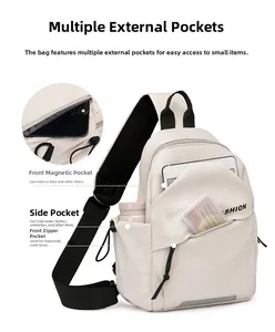 Detail of off-white crossbody chest bag showing multiple pockets and storage capacity
