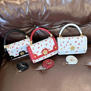 Women Shoulder Bag PU Leather Cherry Print Flower Lock Braided Handle Crossbody Fashion Trendy Small Square Handbag