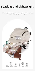 Detail showing high-capacity beige sling bag with multiple compartments for essentials