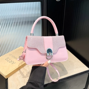 Rosa PU-Leder Handtasche mit glitzernder Strass-Klappe und silbernem Metallverschluss